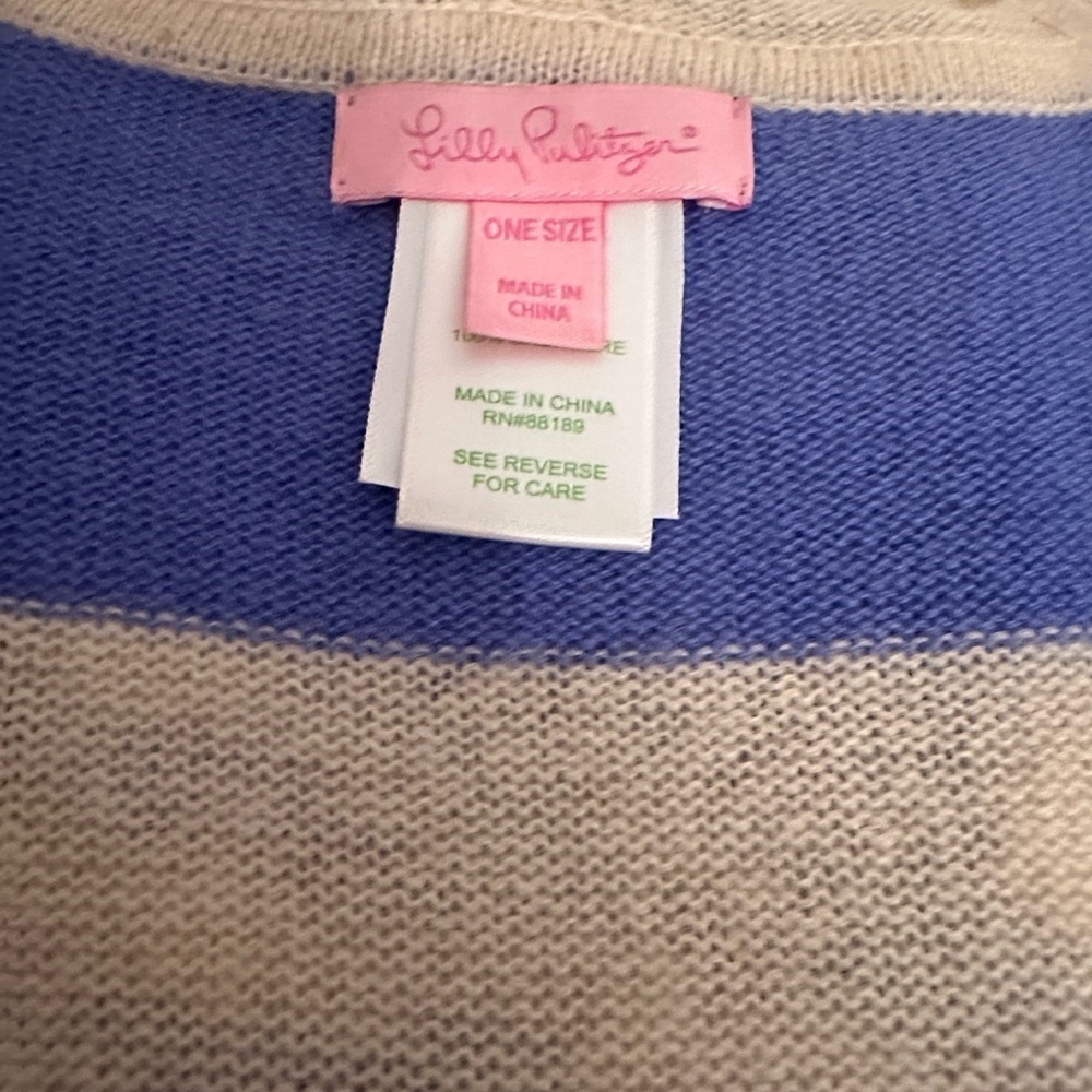 Lilly Pulitzer Avion Cashmere Cardigan Hoodie Blue Stripe Cape One Size - Picture 9 of 14